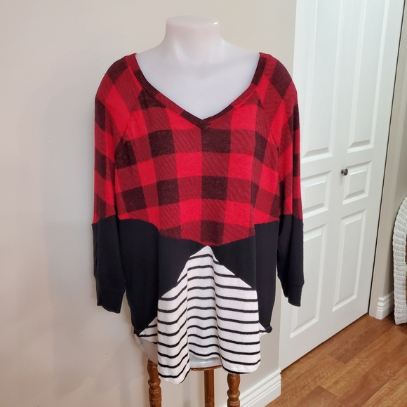Ricki's Tops - Rickis Red and Black Plaid V-Neck Sweater 1x